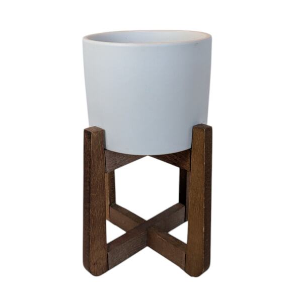Free Standing Mid Century Style Wooden Plant Stand White Ceramic Round Pot - Picture 1 of 11